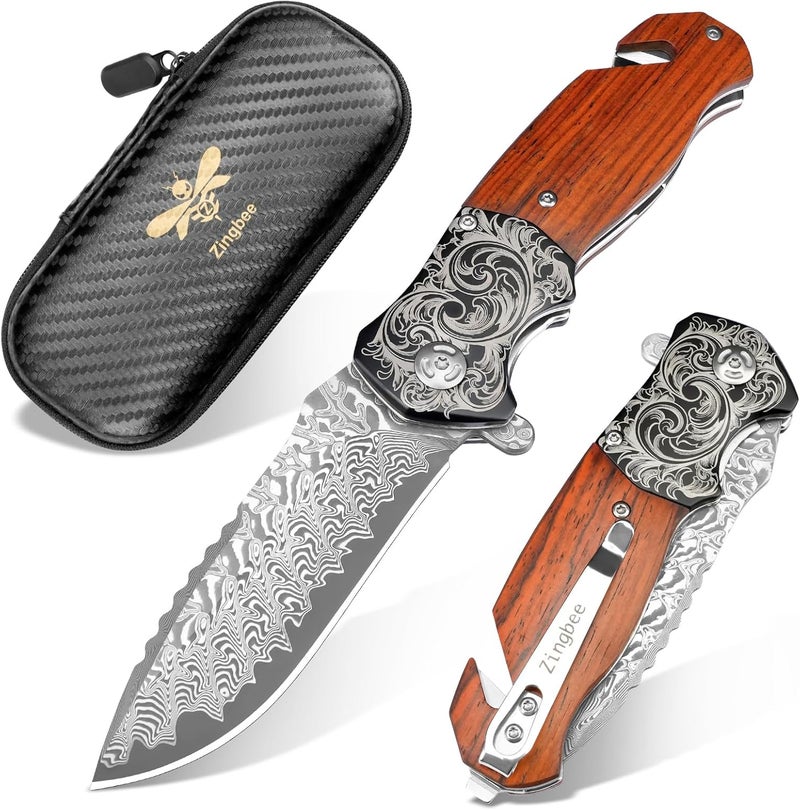 Zingbee Pocket Knife with Glass Breaker, EDC Damascus Folding Knife with Seatbelt Cutter, 3.35" VG10 Damascus Steel Blade Multitool Pocket Knives with Wood Handle - Image 1